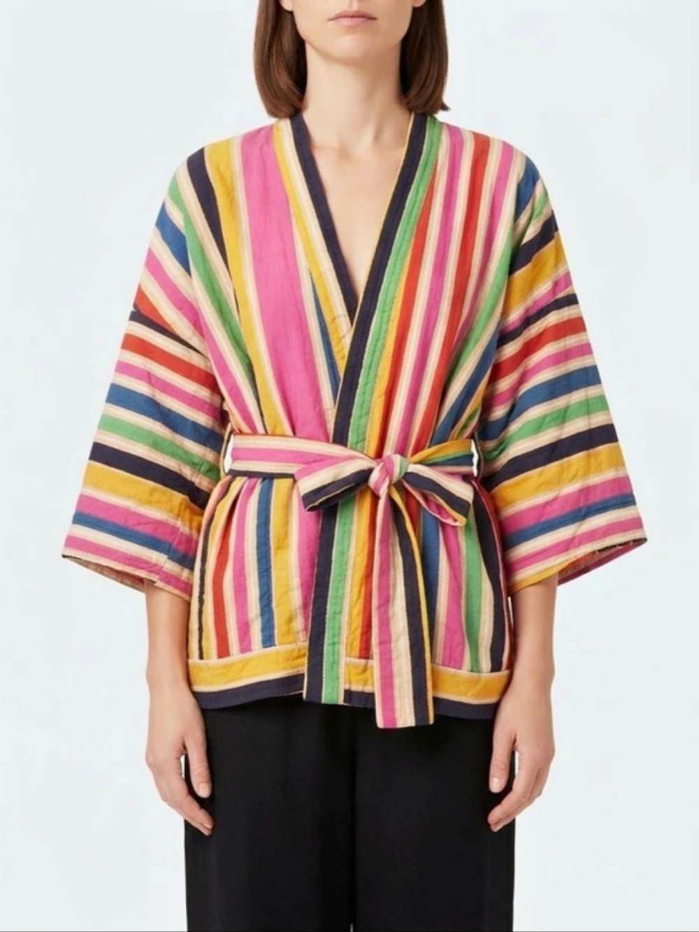 Farm Rio Red Fruit Stripes Rope Details Kimono Multi XS